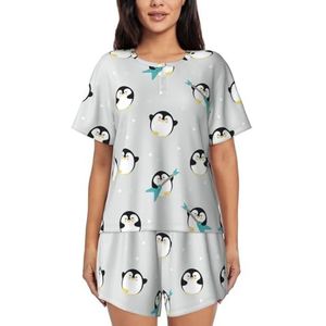 JIAWUJYNB Leuke Pinguïn Print Vrouwen Korte Mouwen Pyjama Set Pyjama Lounge Set Met Zakken,, Zwart, M