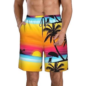 Sunset Palm Tree Print strandshorts voor heren, zomervakantie, strandshorts, casual, lichtgewicht trekkoord, Wit, S