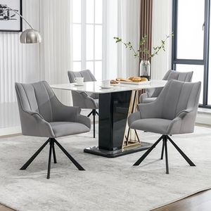 Aunlva Moderne eetkamerstoel met fluwelen naden, set van 4 stuks, kan 360 graden draaien, met armleuningen, woonkamerstoelen, metalen poten, stoelen van fluweel, grijs