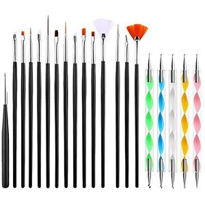 Nagelkwasten, 20-delige nagelkunst-kwastenset, kwastenset voor nail art, gereedschap met dubbele punt, penseel voor schilderen, uv-acrylstiften, voor doe-het-zelf, nageldesign