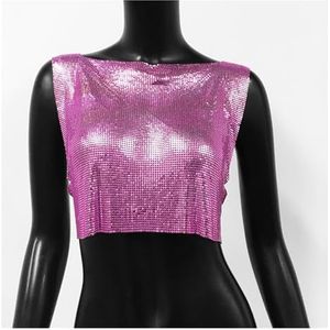 Sexy metalen pailletten tanktop for dames zomer strand backless crop top rave festival club outfits hemdje (Kleur : Rose Red, Size : S)