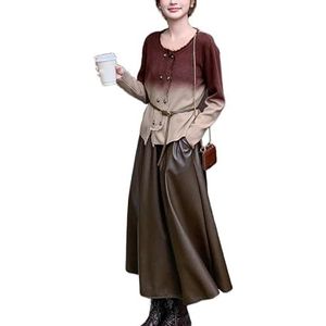 MLSHWUG Damesmode Verloopkleuren Gebreide Cardigan Trui A-Lijn Leren Rok 2-Delig Set,Bruin,L