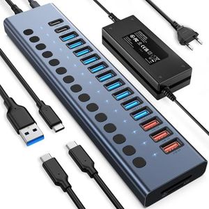 Aangedreven USB Hub 10Gbps, 17 Poorten 96W USB 3.2 Hub (10 USB-A 3.2 Poorten+3 QC 24W Snelladenpoorten+2 USB-C 3.2 Poorten+SD/TF Kaartlezer), 12V/8A Voeding voor Laptop, PC, Computer, HDD, Flash Drive