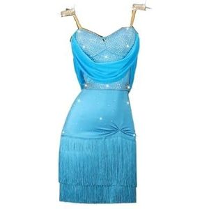 Danskostuums Latin danswedstrijd kostuum blauw professionele vrouwen jurk Fringe korte rok for meisjes aangepast formaat (Color : Blu, Size : XL)