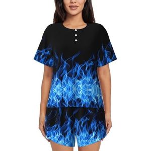 RIVETECH Pyjama met blauwe vlamprint voor dames met korte mouwen - comfortabele korte sets, nachtkleding met zakken, Zwart, XL