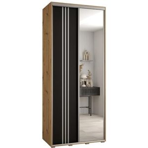 MEBLE KRYSPOL Davos 7 100 slaapkamerKledingkast met twee schuifdeuren - moderne opbergkast met spiegel, kledingroede en planken - 235,2x100x45 cm - Artisan Black Silver