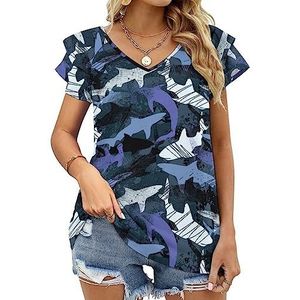 Sea Camouflage Sharks Casual Tuniek Tops Ruches Korte Mouw T-shirts V-hals Blouse Tee