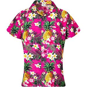 King Kameha Funky Hawaïblouse voor dames, korte mouwen, voorzak, Hawaii-print, ananas-bloemenprint, Pineapple Flowers Groen, M