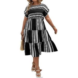 voor vrouwen jurk Plus jurk met vleermuismouwen en zoom met geoprint (Color : Black and White, Size : 0XL)