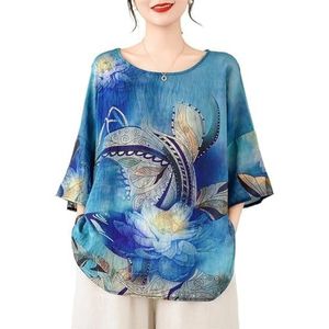 2024 Oversized Katoenen Linnen Dames Overhemden Retro Etnische Stijl Chinese Tops Ronde Hals En Halve Mouwen Losse Blouse(Color:Blue)