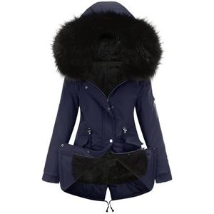 Sawmew Warme Trenchcoat Voor Dames, Winterjas Met Capuchon, Pluchen Jas, Parka Met Zak, Effen Windjack, Winddichte Jas, Imitatiebont, Warme Overgangsjas, Fleecejack Met Lange Mouwen (Color : Dark blu