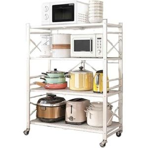 Gratis installatie opvouwbaar rek, metalen vloerstaand wielrek, magnetron pannenrek, geschikt for woonkamer badkamer(White,100x34x122cm)