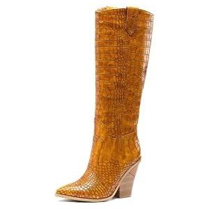 ARIASS Dameslaarzen, retro slangenpatroon puntige neus dikke hak hoge laarzen, mode catwalk dameslaarzen for herfst en winter (Color : Brown, Size : 42 M EU)