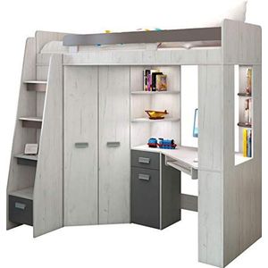 FurnitureByJDM Hoogslaper Met Bureau, Kast en Planken – Compact Kinderbed Met Opbergruimte – Complete Set (120x204 cm) – Bed 80x200 cm – Trap Links – (Craft Wit/Grafiet)