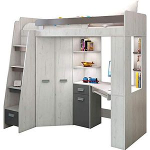 FurnitureByJDM - Hoogslaper met Bureau, Kledingkast en Boekenkast - ANTRESOLA L - (Ambacht Wit/Grafiet)