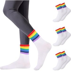 3 Paar Regenboog Enkelhoge Sokken, Mannen Vrouwen Regenboog Gestreepte Sokken, Pride Month Gay Sokken Voor LGTBQ Party Accessoires, B 3 paar - Wit, One size