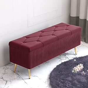 Gestoffeerde pluche opbergbank, moderne hal schoenenbank, gewatteerde voetsteun kruk for slaapkamer woonkamer(Wine Red,90x40x45cm(35x16x18inch))