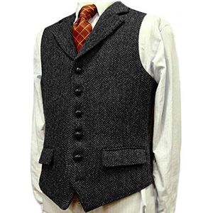 Heren visgraatkostuum tweed gilet Slim fit vintage retro wol vest Casual(X-Large, zwart)