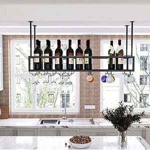 WYZDCP Metalen flessenrek wijn opslag houder, drijvende wijn plank metalen plafond display wijn plank met stemware glas decoratie houder voor keukenbar (Size : 100x25x21cm)