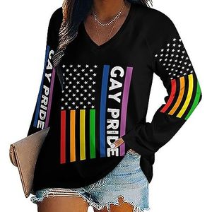 Gay Pride Amerikaanse vlag dames casual T-shirts met lange mouwen V-hals bedrukte grafische blouses T-shirt tops L