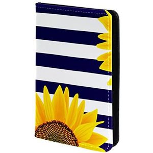 Paspoorthouder Paspoort Cover Geel Zonnebloem Donkerblauw en Wit Streep Patroon Paspoort Portemonnee Reizen Essentials, Meerkleurig, 11.5x16.5cm/4.5x6.5 in