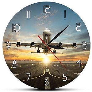 Enorme Twee Verdiepingen Wandklok Commerciële Vliegtuig Nemen van Runway in Dramatische Zonsondergang Licht Moderne Home Decor (geen Frame)