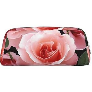 Bloeiende roos bloemen make-up tas lederen etui reizen toilettas cosmetische tas dagelijkse opbergtas voor vrouwen, Zilver, Eén maat, Tas Organizer
