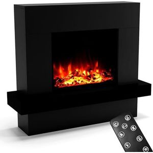 GLOW FIRE Elektrische Sfeerhaard met Verwarming en Vuur (Staande Haard PANDORA) - Elektrische Haard met LED Vuur in 3 Kleuren, Verwarming, Houtdecoratie & Afstandsbediening, 114x97x32 cm, Zwart