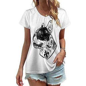 Getatoeëerde Franse Bulldog Dames V-hals T-shirts Leuke Grafische Korte Mouw Casual Tee Tops 4XL