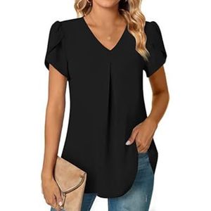 HHuiXinXue Dames zomer casual T-shirt crossover korte mouwen V-hals effen kleuren blouse top licht elegant, Zwart, M