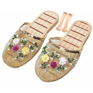 Chinese Mesh Slippers Voor Vrouwen, Vrouwen Bloemen Kralen Ademende Mesh Chinese Sandaal Slippers (Color : Gold, Size : 41 EU)