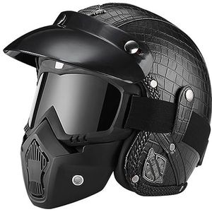 Vintage Jethelm Leren Motorjethelm 3/4 Duitse Helm Masker Veiligheidsbril ECE-Goedgekeurd Alle Seizoenen Beschermende Helm Unisex Bromfiets Scooter Halfhelm Voor Volwassenen 2,S(55-56CM)