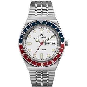 Q Timex 38mm herenhorloge, Zilver/Blauw/Rood/Wit, Eén maat, armband