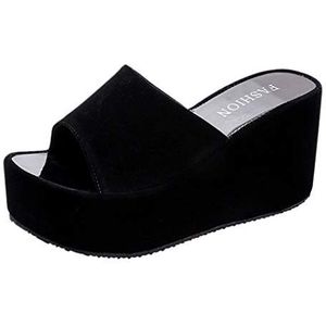 KIVIOV Mode lederen slip-on slipper for dames zomer casual hoge hak open teen platform wedge slider chic sandalen binnen buiten strandwandeling schoenen lederen slip-on slipper (Color : Black)