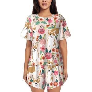 RIVETECH Corgi pyjamaset met bloemenprint voor dames met korte mouwen, comfortabele korte sets, nachtkleding met zakken, Zwart, L