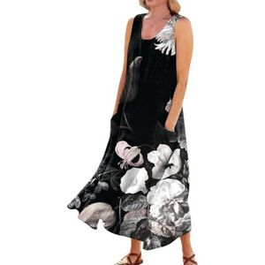 HHuiXinXue Maxi-jurk voor dames, casual, U-hals, mouwloos, zomerjurk, bloemenprint, strandjurk met zakken, kleur-5, S
