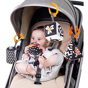 Set met hoge contrastvormen, babyspeelgoed, zwart-wit kinderwagen, speelgoed voor autostoeltje, baby, pluche rammelaars, ringen, hangend speelgoed voor 0, 3, 6, 9 tot 12 maanden, pasgeborenen,
