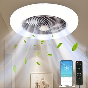 Plafondventilator met licht en afstandsbediening, led-ventilator, dimbaar, plafondlamp met 60 W, geïntegreerde lamp, app-bediening, 3 heldere kleuren, 3 snelheden, voor woonkamer, slaapkamer