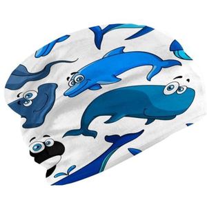 Beanie Hoed voor Mannen & Vrouwen, Unisex Stretchy Skull Caps, Zachte Fluwelen Winter Hoed Beanie voor Hardlopen Fietsen - Cartoon Shark Dolphin Blauw Zwart, Meerkleurig, One size