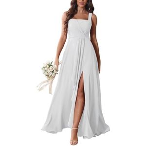 KURFACE Chiffon bruidsmeisjesjurken met split ruches lange bruidsmeisje vloerlengte formele avondjurk, Wit, 32