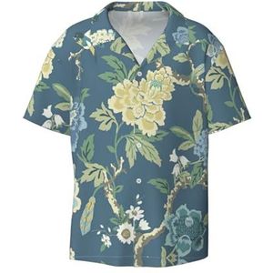Blauw en Geel Bloemen Print Heren Jurk Shirts Casual Button Down Korte Mouw Zomer Strand Shirt Vakantie Shirts, Zwart, XL