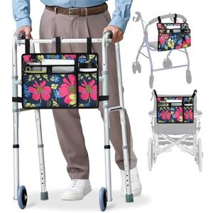 supregear Accessoires Tas voor Rollator, Rolstoel, Walker - Walker Mand Tas met Bekerhouder - Senioren Caddy Bevestiging Zak voor Rollators, Waterbestendig Grote Capaciteit Draagtas (Bloemen Blauw)