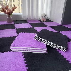 Zeyeo 12/16/18 Stuks 12x12x0,4 Inch Verdikte Pluche In Elkaar Grijpende Schuimmat, Wasbare, Zachte Vloerkleden Voor Slaapkamer, Speelkamer En Meer(Black+dark Purple,18pcs)