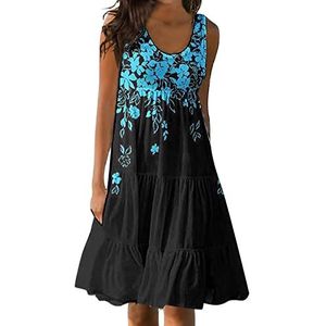 TIIAXCZ Zomerjurken voor dames, sexy mouwloze midi uitlopende tankjurk, vloeiende zoom boho trendy mini-jurk, korte strandjurk(Color:Dark Blue,Size:M)
