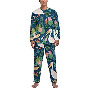 Pelikanen op tropische bloemen en bladeren heren pyjama sets lange mouwen top en broek met elastische band nachtkleding lounge pyjama sets L