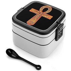 Gouden Egyptische Symbool Bento Lunch Box Dubbellaags All-in-One Stapelbare Lunch Container Inclusief Lepel met Handvat