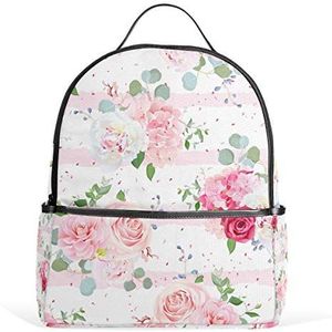 Jeansame Rugzak Schooltas Laptop Reistassen voor Kinderen Jongens Meisjes Vrouwen Mannen Roze Gestreepte Rose Orchidee Bloemen Bloem