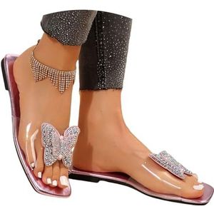 Zomer Platte Pantoffels Dames Glitter Sandalen Met Strass Vlinder Mode Vierkante Teen Pantoffels PU Lakleer Peep Toe Pantoffels Elegante Studenten Sandalen Vrijetijds Strand Schoenen(Purple,43 EU)