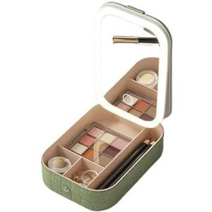 Vrouwen Make-up Tas Met Spiegel Oplaadbare Reizen Cosmetische Doos 3-Kleur LED Verlichting Sieraden Lippenstift Schoonheid Make-up Opslag Case, L Groen, Eén maat