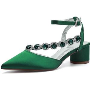 Dames Slingback Pumps Chunky Block Lage Hak Bruidssandalen Puntige neus Enkelbandje Bruiloft Kantoor Feest Jurk Schoenen,Groen,36 EU